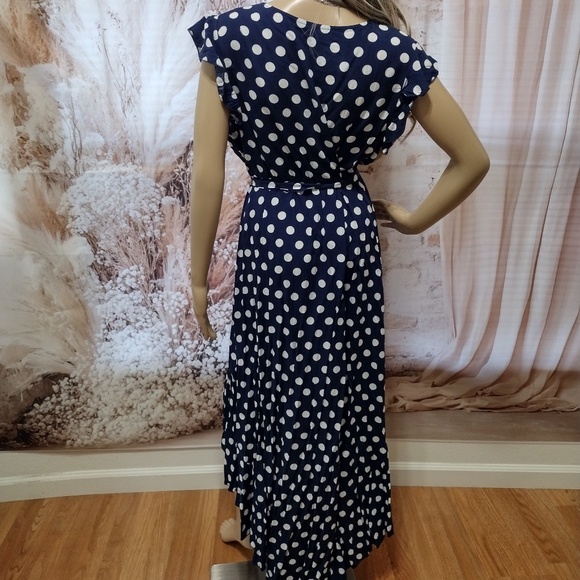 Grecerelle Women's Large Navy & White Polka Dot Surplice Long Flowing Maxi Dress - Picture 5 of 15